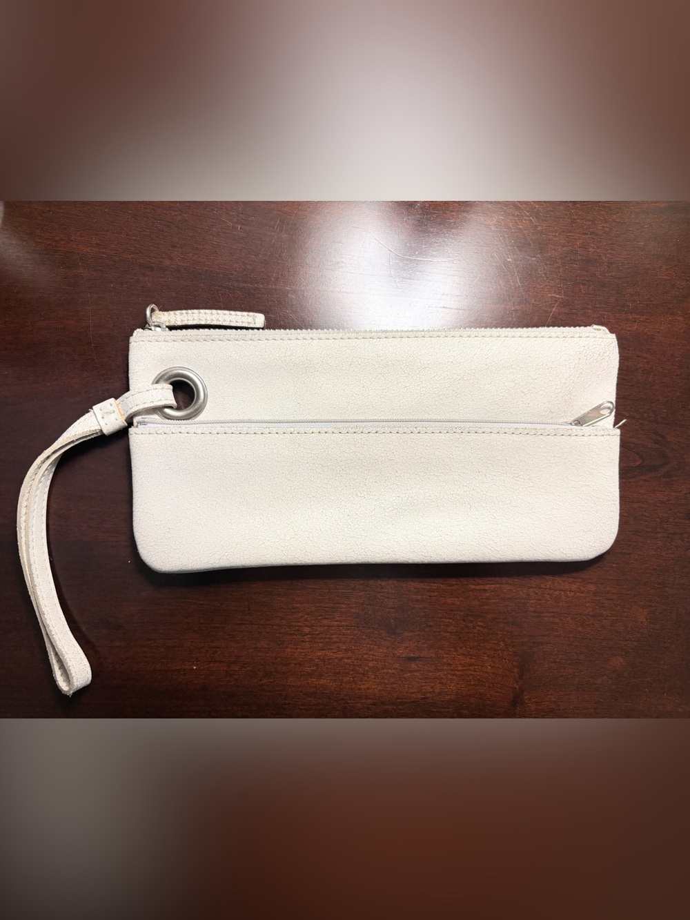 White Cracked Leather Wristlet Clutch